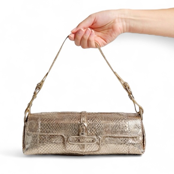 Jimmy Choo Metallic Gold Snakeskin Leather Tulita Pochette Bag - Picture 1 of 14